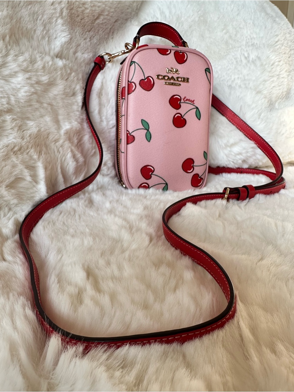 Coach Pink Cherry Crossbody Phone Pouch with Red Strap